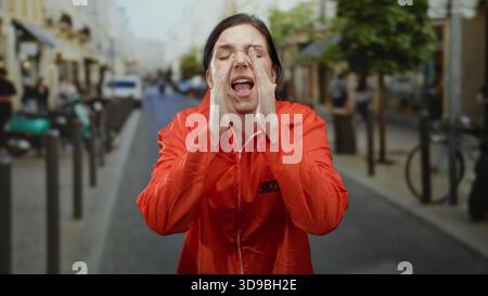 Frau im orangefarbenen Gefängnisanzug steht auf einer Stadtstraße und schreiend, mit einem intensiven Ausdruck, der eine dramatische Darstellung von Freiheit und Trotz zeigt Stockfoto