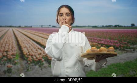 Die Chefin hält ein Tablett mit Muffins und macht Finger-zu-Lippen-Gesten im Tulpenfeld; leise Stille. Stockfoto