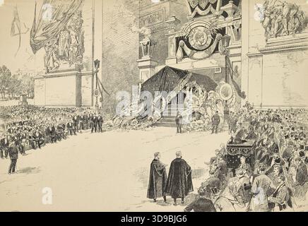 Vor der Entfernung der Leiche aus dem Arc de Triomphe. -, Société générale d'Applications photographiques (SGAP), photogravure, Haenen, Frédéric de, Autor des Modells, Le Monde illustré, Verlag, 1885, 4. Viertel des 19. Jahrhunderts, Druck, Manuskripte, Drucksachen, Bindung, Grafik, Periodische Illustration, Holzstich, Abmessungen - Bild: Höhe: 29,8 cm, Breite: 43,8 cm, Abmessungen - Kunstwerk: Höhe: 31,5 cm, Breite: 44,2 cm, Abmessungen - Museumsaufnahme: Höhe: 53 cm, Breite: 38 Stockfoto