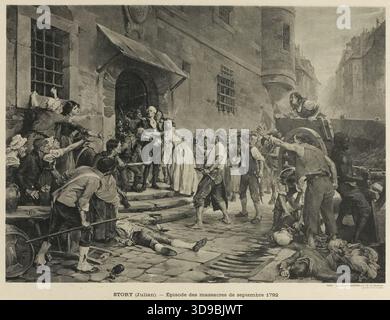 Episode der September-Massaker von 1792, Sylvestre et Cie, Glyptograf, Story, Julian Russel, Autor des Modells, Druck, Grafik, Französische Revolution, Druck, photomechanischer Prozess, Abmessungen - Bildmaterial: Höhe: 26,5 cm, Breite: 34,9 cm, Abmessungen - Befestigung: Höhe: 32,5 cm, Breite: 50 Stockfoto