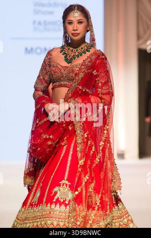 Indische Hochzeitsbekleidung auf dem Laufsteg der National Asian Wedding Show, Novotel London West, Hammersmith, London, UK. November 2025. Stockfoto