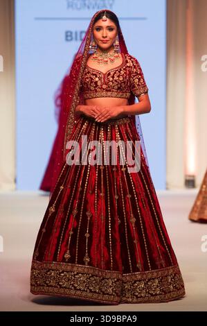 Indische Braut- und Hochzeitsbekleidung auf dem Laufsteg der National Asian Wedding Show, Novotel London West, Hammersmith, London, UK. November 2025. Stockfoto