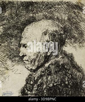 Alter Glatzkopf im Profil: Bust (Bartsch 293), Rembrandt (Schule), Etcher, Rembrandt (Rembrandt Harmensz Van Rijn, bekannt als), Autor des Modells, nach 1630, 17. Jahrhundert, Druck, Grafik, Auslegungsdruck, Ätzen, Papier, Amsterdam, Abmessungen - Arbeit: Höhe: 8,9 cm, Breite: 6,9 Stockfoto