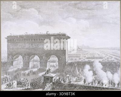 Französische Revolution: Am 14. Juli 1790 wurde in Paris eine Generalföderation gegründet. Champs-de-Mars, 7. Arrondissement. Vorbereitende Zeichnung für den Stich von Bertaux für das 39. Gemälde der Sammlung "historische Gemälde der Französischen Revolution" (1791..., Prieur, Jean-Louis, Zeichner, 1790, Zeichnung, Grafik, Zeichnung, Abmessungen - Kunstwerk: Höhe: 20,5 cm, Breite: 27,5 cm, Abmessungen - ursprüngliche Halterung: Höhe: 24,5 cm, Breite: 32,1 cm, Abmessungen - Museumsmatte: Höhe: 40 cm, Breite: 50 Stockfoto