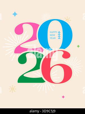 Banner für Neujahr- und Weihnachtsfeiern. 2026 Grußkarte, buntes Feuerwerk, Neujahrsposter 2026 Neujahrsnummer, geometrisches farbenfrohes Logo Stock Vektor