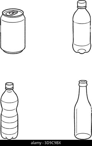 Sammlung von umrissenen Getränkebehältern mit Dosen und Flaschen in einem sauberen monochromen Linienstil als Vektorgrafik. Stock Vektor