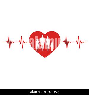 Illustration World Heart Day Konzept, Familie hält Hände mit Herzschlag. Medizinisches Design auf weißem Hintergrund. Stock Vektor