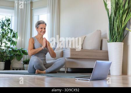 Schöne lächelnde grauhaarige reife Frau mittleren Alters zu Hause Stockfoto