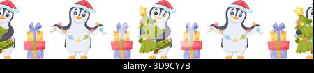 Festliche nahtlose Grenze mit fröhlichen Pinguinfiguren, Geschenkboxen, Girlanden und weihnachtsbäumen. Stock Vektor