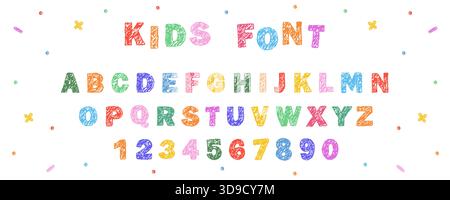 Buntstift mit englischem Alphabet. Verspielte Schriftart. Kindliche lustige Kritzeleien. Handgezeichneter Text mit Bleistiftstruktur. Vektorabbildung Stock Vektor