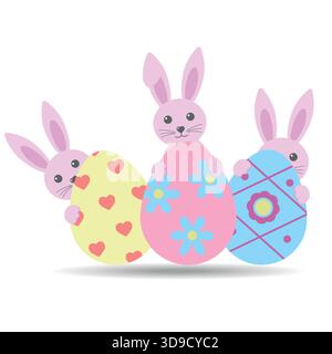 Illustration von niedlichen rosa Osterhasen mit bunten Eiern auf weißem Hintergrund. Stock Vektor