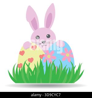 Illustration des niedlichen rosa Kaninchens mit ostereiern mit Gras und Schatten auf weißem Hintergrund. Stock Vektor