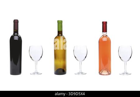 Rote, rosa, Weißweinflaschen und Gläser auf weißem Hintergrund Stockfoto