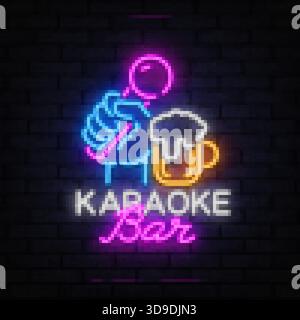 Karaoke-Bar. Neonhand mit Mikrofon und Bierkrug veranschaulicht eine lustige Bar-Atmosphäre mit Musik und Getränken. Stock Vektor