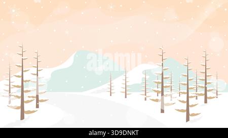 Übergang von Herbst zu Winter und funkelnde Schneeflocken-Dekorationen auf Einem Wald- und Berghintergrund Stock Vektor