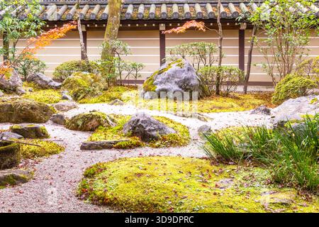 Zen-Stein- und Kiesgarten mit Moos, Felsen und Bäumen vor einer traditionellen Tempelmauer, Eikando, Kyoto Stockfoto