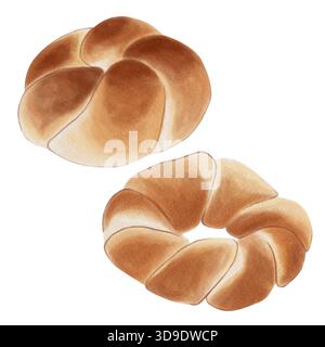 Schöne, goldbraune Brötchen in Aquarellfarben. Frisches, warmes Gebäck auf weißem Hintergrund. Stockfoto