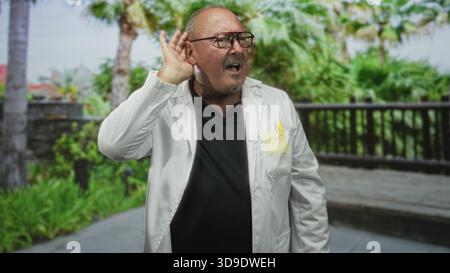 Ranghoher hispanischer Mann Arzt in weißem Mantel mit Brille hält Hand an Ohr an Holzgeländer auf der Gebäudeveranda; Sorge hört aufmerksam zu. Stockfoto