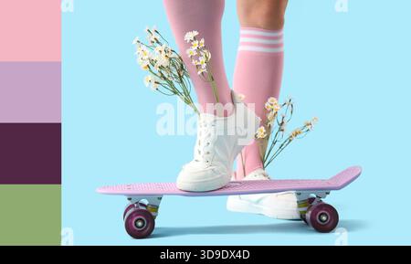 Beine einer Frau mit Kamillenblüten und Skateboard auf blauem Hintergrund. Verschiedene Farbmuster Stockfoto