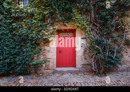 Rote Holztür umgeben von grünem Efeu und Weinstöcken auf einer rustikalen, alten Steinmauer in einem europäischen Dorf. Historische Architekturdetails Stockfoto