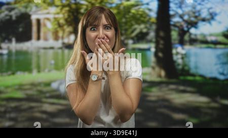 Frau mit Händen über dem Mund, die das Gesicht im Wald bedeckt, mit weißem Hemd und Armbanduhr; Überraschung Neugier. Stockfoto