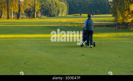 Golfspieler auf dem Green Course mit Club Cart Stockfoto