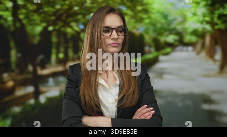Frau mit schwarzem Blazer und Brille kreuzt ihre Arme auf einem von Bäumen gesäumten Schotterweg im grünen Park; Trotz. Stockfoto