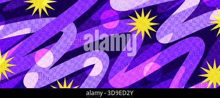 Kreativer und farbenfroher Hintergrund mit violetten Wellenlinien und Gingham-Texturmuster. Abstraktes Layout-Design mit dynamischen und farbenfrohen Elementen Stock Vektor