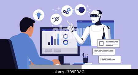 Ein KI-Chatbot, der an seinem Schreibtisch sitzt und am Computer arbeitet, hilft ihm: Automatisierung, Datenanalyse und Support Stock Vektor