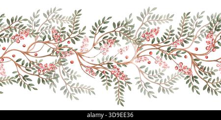 Nahtloser Rand mit Zweigen mit Blättern und Beeren. Isolierte Aquarellillustration für Innenarchitektur, Textilien, Bekleidungsdruck und Verpackung Stockfoto
