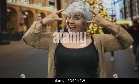 Frau Senior mit Tanktop und Strickjacke, die Steinhandgeste mit Händen und Lächeln im Bauen zeigt; spielerisches Selbstvertrauen. Stockfoto