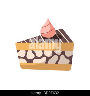 Ein Stück Geburtstagskuchen mit Cremedekor und Schokoladenglasur. Designelement für Geburtstagsgrußkarte. Vektorillustration im Cartoon-Stil. Stock Vektor