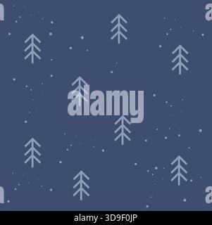 Minimalistisches nahtloses Wintermuster mit geometrischen Kiefern auf weichem blauem Hintergrund, verziert mit kleinen weißen Punkten, die den Schneefall darstellen. Stock Vektor