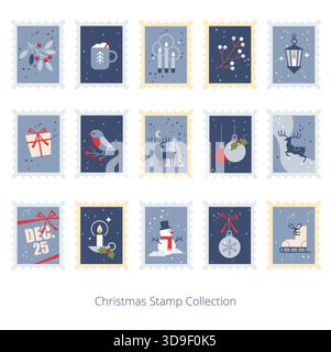 Weihnachten und Adventskalender Stempel und Icon Aufkleber Set mit Weihnachtselementen: Geschenke, Weihnachtsdatum, Vintage Lampe, gefrorene Beeren, Schneeflocke Stock Vektor