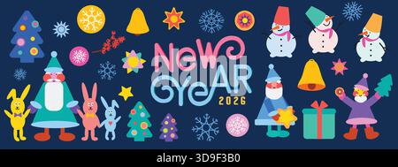 Silvester 2026 Feiertag Cartoon Element Set Illustration Stock Vektor