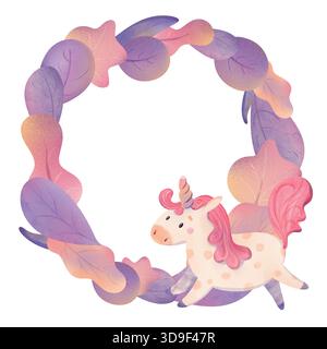 Einhorn mit rosa Mähne, goldenem Horn, Polka Dots mit magischem Herbstkranz aus bunten Blättern. Entzückende Kinderdekoration, Kinderzimmer, Fee Stockfoto