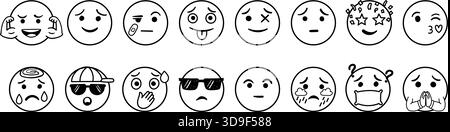 Emojis Faces Icons setzen die Kollektion im handgezeichneten Stil. Illustration des Emoticons auf isoliertem Hintergrund. Glückliches und trauriges Gesicht unterschreibt Business c Stock Vektor