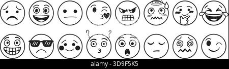 Emojis Faces Icons setzen die Kollektion im handgezeichneten Stil. Illustration des Emoticons auf isoliertem Hintergrund. Glückliches und trauriges Gesicht unterschreibt Business c Stock Vektor