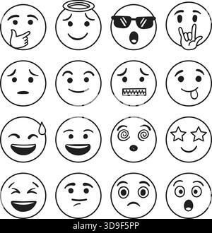Emojis Faces Icons setzen die Kollektion im handgezeichneten Stil. Illustration des Emoticons auf isoliertem Hintergrund. Glückliches und trauriges Gesicht unterschreibt Business c Stock Vektor