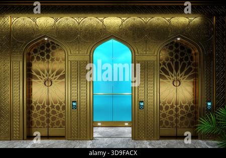 Exquisit detaillierter Fahrstuhleingang mit edlen Holzpaneelen und geschnitzten orientalischen Mustern, Messingakzenten und einem offenen, goldenen Fahrerhaus. 3D-Beleuchtung Stockfoto