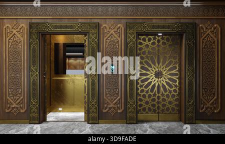 Exquisit detaillierter Fahrstuhleingang mit edlen Holzpaneelen und geschnitzten orientalischen Mustern, Messingakzenten und einem offenen, goldenen Fahrerhaus. 3D-Beleuchtung Stockfoto