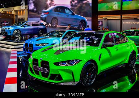 BANGKOK – 1. Dezember 2025: Neue BMW M3 CS Competition Limousine mit M TwinPower Turbo Reihensechszylinder, 8-Gang-Getriebe, 551 PS auf der Motor Expo Stockfoto