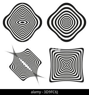 OP-Art-Formen. Konzentrische Linienmuster. Abstraktes minimales Vektorset. Schwarz-weiß-Illusion. EPS 10. Stock Vektor