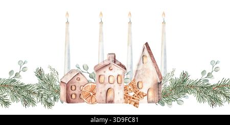 Gemütlicher, nahtloser Winterrand, Muster mit Tannenzweigen, Keramikhäusern, Windlichtern und Kerzen. Eukalyptus und trockene Orangenscheiben. Vierter Advent Stockfoto