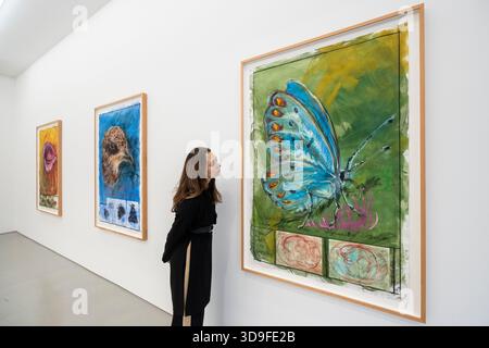 London, Großbritannien. 5. Dezember 2025. Ein Mitarbeiter mit (R) „Observation on the Migration Theory of Polyommatus Butterflies“, 2025, bei der Eröffnung von Oswaldo Maciá: Migrationsbewegungen, einer neuen Ausstellung des kolumbianischen Künstlers Oswaldo Maciá in der Galerie Elizabeth Xi Bauer im Exmouth Market. Die Arbeiten des Künstlers beschäftigen sich mit Ökologie, Umwelt und Natur. Die Show läuft bis zum 15. Februar 2026. Quelle: Stephen Chung / Alamy Live News Stockfoto