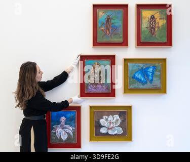 London, Großbritannien. 5. Dezember 2025. Ein Mitarbeiter stellt „Morpho (außen)“, 2025, bei der Eröffnung von Oswaldo Maciá: Migrationsbewegungen, einer neuen Ausstellung des kolumbianischen Künstlers Oswaldo Maciá in der Galerie Elizabeth Xi Bauer im Exmouth Market, ein. Die Arbeiten des Künstlers beschäftigen sich mit Ökologie, Umwelt und Natur. Die Show läuft bis zum 15. Februar 2026. Quelle: Stephen Chung / Alamy Live News Stockfoto