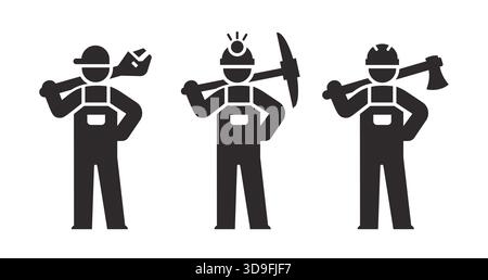 Symbole für Klempner, Bergarbeiter und Holzfäller auf weißem Hintergrund. Vektorabbildung. Stock Vektor