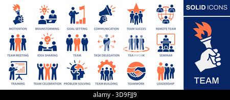 Symbolgruppe „Team“. Sammlung von Motivation, Brainstorming, Zielsetzung und mehr. Vektorabbildung. Ändert sich leicht in jede Farbe. Stock Vektor