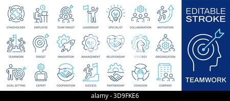 Symbolgruppe „Teamwork Gliederung“. Sammlung von Teamarbeit, Zusammenarbeit, Führung, Management und mehr. Vektorabbildung. Bearbeitbare Kontur. Stock Vektor