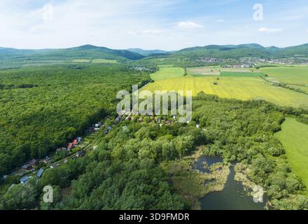 Aus der Vogelperspektive auf Wiesen mit Baumreihen, Budmerice, Slowakei Stockfoto